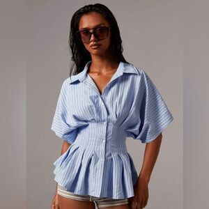 NEW Women's Blue Stripe Bat Sleeve Pleated Waist Casual Blouse Size Large